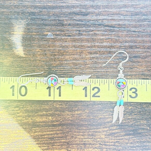 Sterling Silver 925 Zuni Turquoise Coral Inlay Feather Dangle Earrings 2" Length - Picture 7 of 8